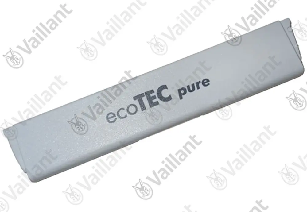 Vaillant Produkt mit der Bezeichnung ecoTEC pure in grauer Farbe, rechteckig und flach gestaltet. Gezeigt wird das Logo und die Produktbezeichnung auf einer Oberfläche.
